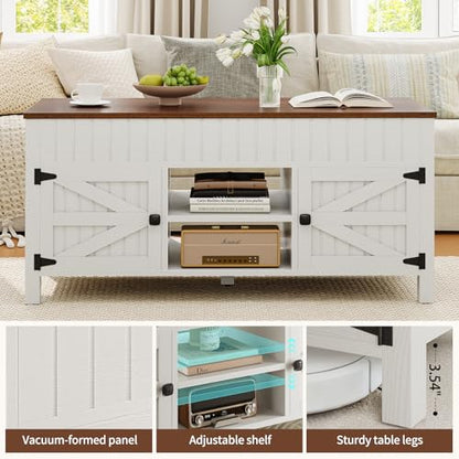 47.3“ Lift Top Coffee Table with Storage - White Coffee Tables for Living Room, Farmhouse Wood Center Table, Large Rectangle Middle Tables with Hidden Compartment & Adjustable Shelf - color: White and Walnut