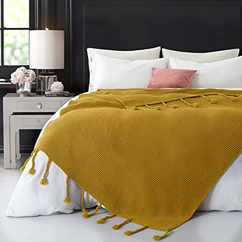 RUDONG M Knitted Throw Blanket with Fringe, Mustard Yellow Knit Throw Blanket for Couch Bed Sofa 50 x 60 Inch - color: Mustard Yellow, size: Throw(50" x 60")