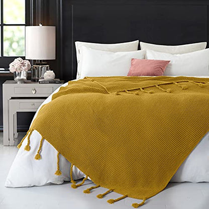 RUDONG M Knitted Throw Blanket with Fringe, Mustard Yellow Knit Throw Blanket for Couch Bed Sofa 60 x 80 Inch - color: Mustard Yellow, size: Twin(60" x 80")