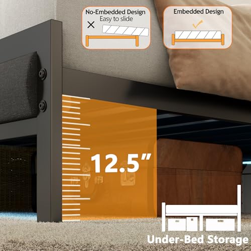 Full Size Bed Frame with Storage Shelf and Upholstered Headboard | Metal Platform Bed with LED Light, Charging Station and Heavy Duty Slats, No Box Spring Needed, Noise Free & Easy Assembly - size: Full, style: Bed Frame