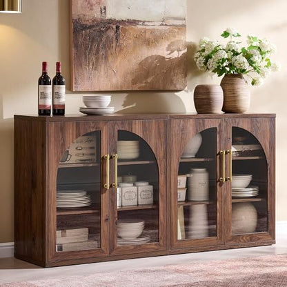Glass Arched Door Sideboard Buffet Cabinet Set of 2, Brown | Modular, Multi-Compartment Storage, Adjustable Shelf, Soft Close Hinges, Freestanding, for Dining Room, Living Room - color: Brown