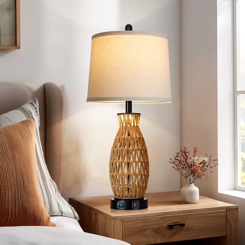CINSARY 27" Rattan Table Lamps Set of 2 with Night Light, Boho Wicker Bedside Lamp for Bedroom with USB A+C Ports, Coastal Handwoven Woven Nightstand Lamps, Nautical Living Room Lamp for End Table - color: Rattan(2 Pack)