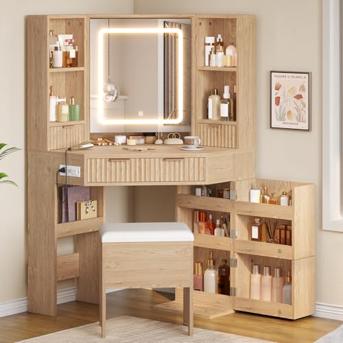 Corner Vanity Desk with Lights and Charging Station, Makeup Vanity with Lights, Vanity Set with Mirror and Storage Stool, Makeup Table with Drawers, Rotating Shelves (Natural Oak) - style: Natural Oak