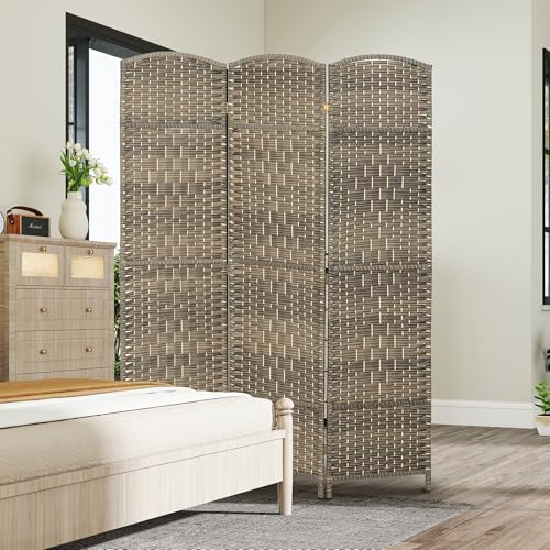 HOMCOM 3 Panel Room Divider 6 Ft Privacy Screen Hand-Woven Dark Rustic Oak | Folding PP Wall Partition, Pine Wood Frame, Freestanding Room Separator, Bedroom Home Office, No Assembly - color: Oak, size: 3 Panel