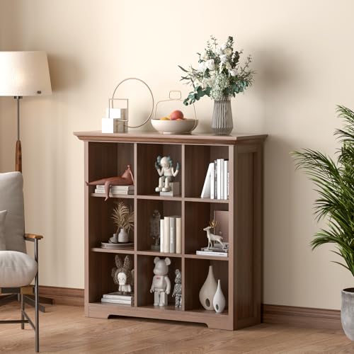 9-Cube Open Bookcase with Base, 3-Tier Wooden Bookshelf, Walnut | Curved Base, Crown Molding, Fits 11×11" Bins, Modern Storage Cabinet for Living Room, Bedroom, Home Office - color: Walnut, size: 9-Cube