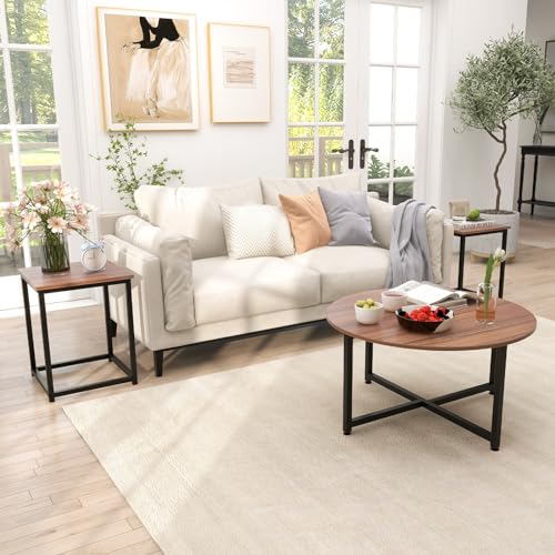 COSTWAY Coffee Table Set of 3, Round Wood Grain Coffee Table and 2 Square End Side Tables with Metal Frame, Modern 3-Piece Living Room Tables Set for Small Space, Apartment (Walnut & Black) - color: Walnut & Black