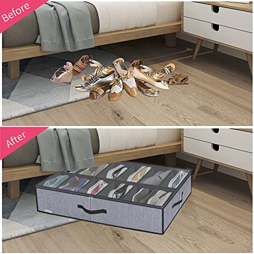 Onlyeasy Large Under Bed Shoe Organizer (6 to 12 Pairs x 2) - Underbed Shoes Closet Storage Solution with Metal Zipper and 2 Handles, Breathable, 29.3"x23.6"x5.9", Linen-like Grey, MXDUBSB2P - color: 2 Shoes (12+12 Cells) Linen-like Grey