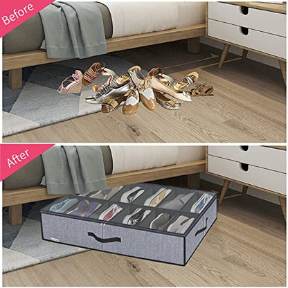 Onlyeasy Large Under Bed Shoe Organizer (6 to 12 Pairs x 2) - Underbed Shoes Closet Storage Solution with Metal Zipper and 2 Handles, Breathable, 29.3"x23.6"x5.9", Linen-like Grey, MXDUBSB2P - color: 2 Shoes (12+12 Cells) Linen-like Grey