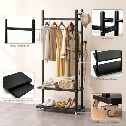 Coat Rack Solid Wood Stand Storage 2 Shelves 4 Hooks Black | Entryway hallway bedroom living room, durable wood construction, freestanding design, coats hats bags garments - size: Black - L:24.8''D×13''W×71''H (With Wheels)