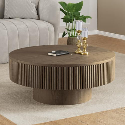 YOUDENOVA 31.5” Round Fluted Coffee Table, Modern Wood Circle Coffee Table, Veneer Handcrafted Relief Tea Table with Sturdy Pedestal for Living Room - Brown - color: 31" Brown-round
