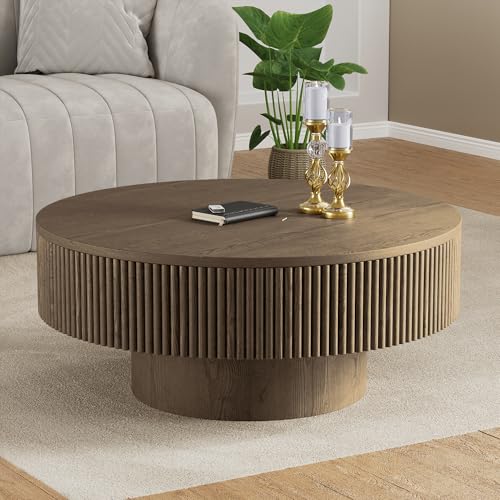 YOUDENOVA 31.5” Round Fluted Coffee Table, Modern Wood Circle Coffee Table, Veneer Handcrafted Relief Tea Table with Sturdy Pedestal for Living Room - Brown - color: 31" Brown-round