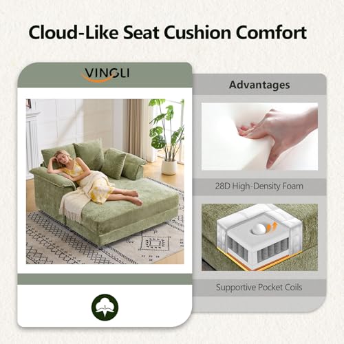 VINGLI Modern Floating Chaise Lounge Chair with Acrylic Legs, Upholstered Cushion Deep Seat Lounge Sofa with Iron-Wood KD Frame, Pillow Armrest, Accent Chair for Living Room, Play Room Apartment - color: Light Green, style: Modern
