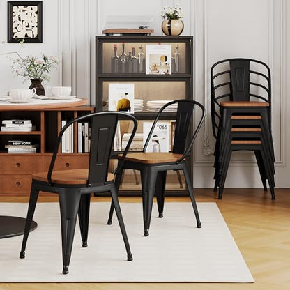Alunaune 18inch Metal Dining Chair Set of 4 High Back Classic Chic Iron Farmhouse Chairs Industrial Stackable Coffee Stools Bistro Cafe Side Barstools Wood Seat-Black - color: Black