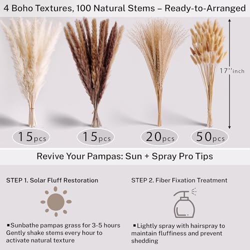 Pampas Grass with Vase Set – 3 Beige White Ceramic Vases with Natural Dried Pampas, Bunny Tails & More – Neutral Farmhouse Decor for Fireplace, Home, Mantel, Entryway, Kitchen & Boho Table Centerpiece