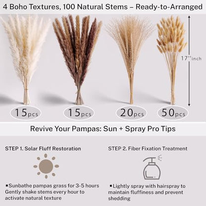 Pampas Grass with Vase Set – 3 Beige White Ceramic Vases with Natural Dried Pampas, Bunny Tails & More – Neutral Farmhouse Decor for Fireplace, Home, Mantel, Entryway, Kitchen & Boho Table Centerpiece