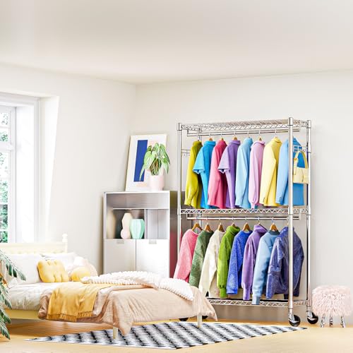 M MZG Heavy Duty Rolling Garment Rack 3 Tiers Adjustable Wire Shelving Clothes Rack with 2 Rods and Side Hooks,Storage Closet Clothing Rack with Wheels Chrome 15.7" D x 45.3" W x 79.6" H - color: Chrome, size: 3 Tier and 2 Rod 15.7"D x 45.3"W x 79.6"H