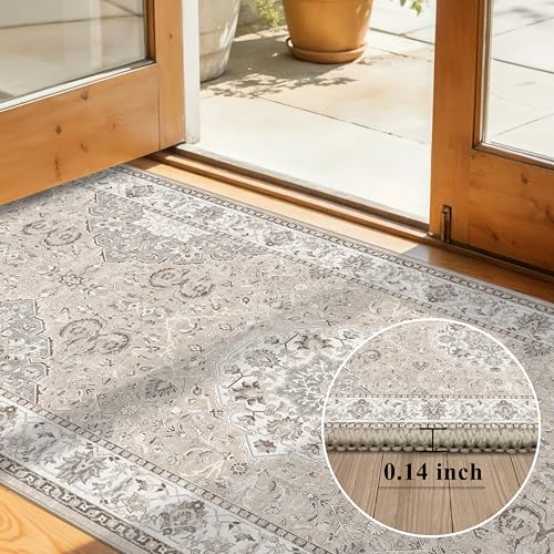 Hallway Washable Runner Rug - 2x10 Kitchen Rugs Entryway Rug Runner Vintage Soft Floor Mat Non Slip Indoor Farmhouse Carpet for Bathroom Living Room Bedroom (2 X 10, Beige) - color: Beige, size: 2' x 10' (Rectangular)