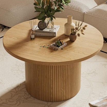 MAISONARIA Round Coffee Table with Metal Frame, 35.4" Coffee Tables for Living Room, Circle Wood Accent Center Table for Apartment, Oak - color: Nature