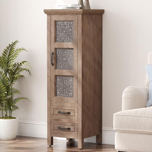 HOMPUS 48'' Tall Accent Cabinet with Door, 16'' Wide Narrow Storage Cabinet with Drawer & Shelves for Small Space, Modern Buffet Sideboard for Living Room, Kitchen, Entryway, Natural Wood - size: 16'' (2 Drawers & 1 Door)