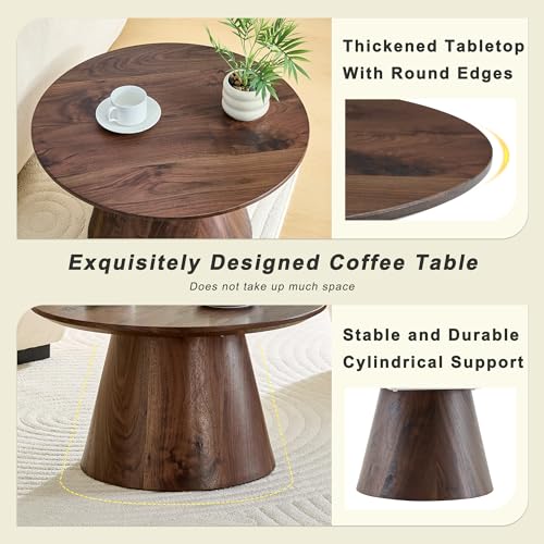 Walnut Coffee Table, 23.6" Small Coffee Table, Natural Wood Grain Round Tabletop with Wooden Cone Base, Round Living Room Table with Adjustable Feet, Mid Century Center Table for Apartment,Small Space - color: 23.6" Walnut Coffee Table
