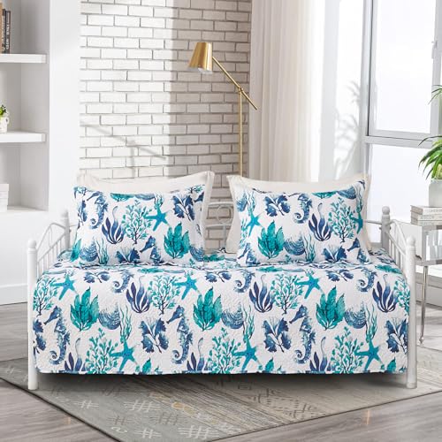 Jarson 3 Piece Beach Daybed Cover Set Twin Green Blue White Coastal Quilted Daybed Bedding Sets Double Side Cozy Ocean Sofa Daybed Cover with 2 Shams - color: Seahorse Seaweed