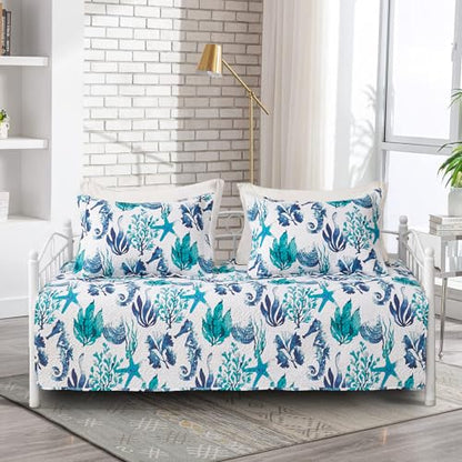 Jarson 3 Piece Beach Daybed Cover Set Twin Green Blue White Coastal Quilted Daybed Bedding Sets Double Side Cozy Ocean Sofa Daybed Cover with 2 Shams - color: Seahorse Seaweed