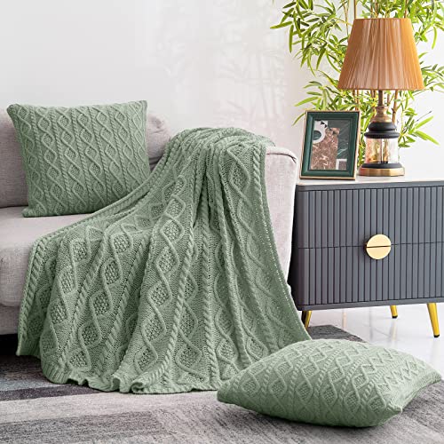 Homiest Sage Green Cable Knit Throw Blanket Set of 3, with 2 Pillow Covers | Pure Acrylic, Lightweight & Breathable, All-Season Use, Machine Washable, Wrinkle & Fade Resistant, for Couch Bed And Sofa - color: Sage Green, size: 50 x 60 Inch Blanket & 18 x