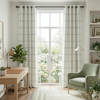 MYSKY HOME 100% Blackout Green Plaid Linen Curtains 84 Inch Long 2 Panels Set Double Layer Farmhouse Thermal Insulated Striped Print Drapes Grommet Top for Bedroom Living Room, 52" W Each Panel - color: Green, size: 52"W x 84"L (Pack of 2)