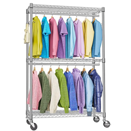 M MZG Heavy Duty Rolling Garment Rack 3 Tiers Adjustable Wire Shelving Clothes Rack with 2 Rods and Side Hooks,Storage Closet Clothing Rack with Wheels Chrome 15.7" D x 45.3" W x 79.6" H - color: Chrome, size: 3 Tier and 2 Rod 15.7"D x 45.3"W x 79.6"H