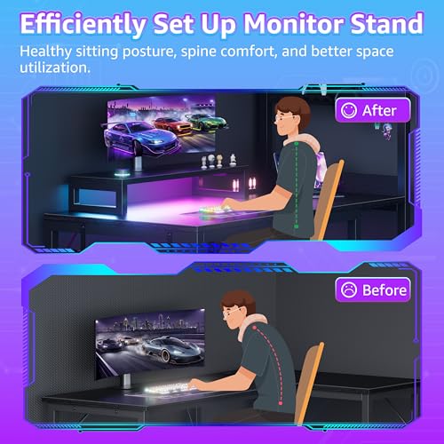 40 inch Small Gaming Desk with Pegboard Shelves Computer Desks with Led Lights Power Outlets PC Monitor Stand Reversible Storage Shelf Table for Bedroom Small Space, Black