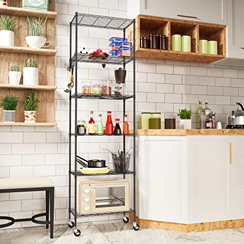 Homdox 6-Tier Storage Shelf Wire Shelving Unit Free Standing Rack Organization with Caster Wheels, Stainless Side Hooks, Black - color: Black, size: 21.26*11.42*72.05 inch