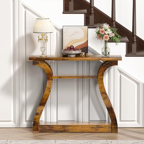 Wood Console Table, 3-Tier Accent Sofa Table (Rustic Brown) | 47" Entry Table with Curved Legs, 3-tier Shelf Modern Accent Sofa Table for Entrance Area, Living room, Hallway - color: Rustic Brown