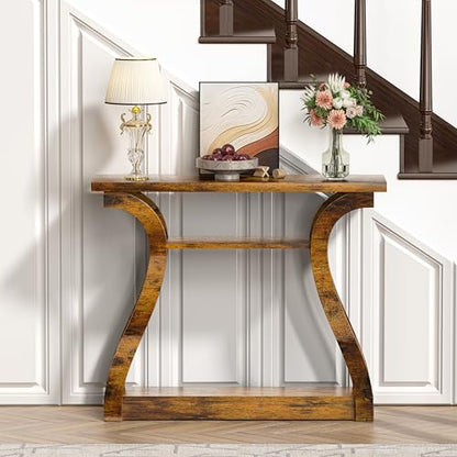 Wood Console Table, 3-Tier Accent Sofa Table (Rustic Brown) | 47" Entry Table with Curved Legs, 3-tier Shelf Modern Accent Sofa Table for Entrance Area, Living room, Hallway - color: Rustic Brown