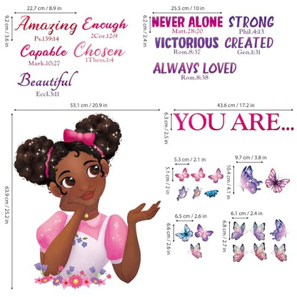 DECOWALL Black Girl Bible Verse Butterfly Wall Stickers Decals (SG2-2315) | Peel and stick, removable African American girl decor with affirmations, flowers and faith quotes for kids bedroom or nursery