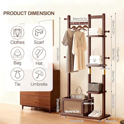 Solid Wood Clothes Rack with Wheels, Rolling Clothing Rack with 4 Shelves & 4 Hooks, Oak Coat Rack Freestanding Heavy Duty with Storage Basket, Coat Hanger Stand for Garment Bags Wallets Hats Shoes - color: Walnut