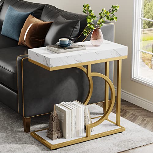 Tribesigns Narrow Side Table Set of 2, C Shaped End Table for Couch, White Gold Modern Bedside Tables with Metal Frame, Small Sofa Tables for Small Spaces, Living Rooms (2, White+Gold) - color: White+gold