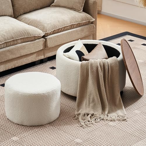 28 Inch Round Storage Ottoman with Wheels Set of 2, Multifunctional Coffee Table Ottoman with Removable Solid Wood Lid, Modern Circle Ottoman Foot Rest for Living Room, Bedroom, Beige - color: Beige