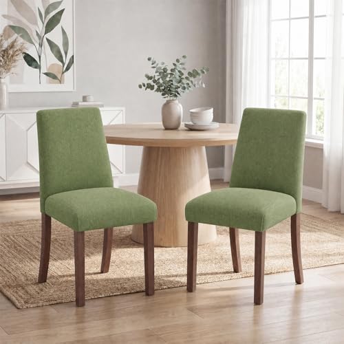 Fabric Upholstered Dining Chairs Set of 2, Parsons Chairs for Small Space | Mid Century Dining Room Chairs with Wooden Legs for Restaurant & Cafe, Green - color: Green, size: Set of 2