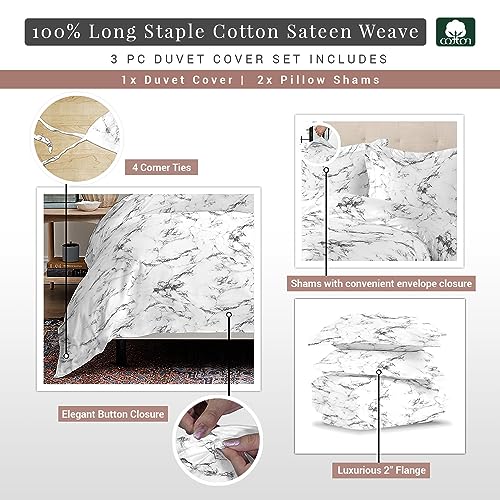 Pizuna 100% Cotton Marble Print Queen Duvet Cover Set 400TC White | Long Staple Combed Cotton Sateen Weave 3 Piece Queen Comforter Cover Set Luxurious Breathable Cooling Bedding Set - color: 04 Marble White, size: Queen