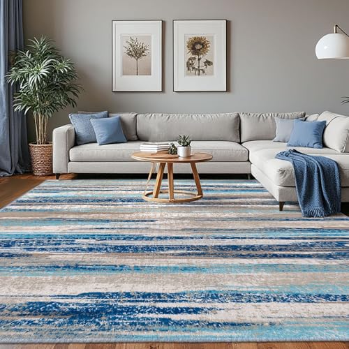Lansny Washable Abstract 8x10 Area Rug for Living Room Non Slip Bedroom Rug | Blue;Thin Printed Faux Wool Large Rug;Modern Dining Room Rug;Non Skid Floor Carpet for Nursery Playroom Office - color: Blue Aqua/Beige Taupe Multi, size: 8' x 10' (Rectangular)