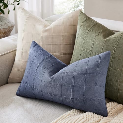 Linen Checked Lumbar Throw Pillow Covers Set of 2, 12x20 Inch Allover Grid Blue, Farmhouse Decorative Double Sided Grid Embroidered Couch Pillow Cases Blue Cotton Linen Cushion Covers - color: Allover Grid Blue, size: 20" x 12" (Pack of 2)