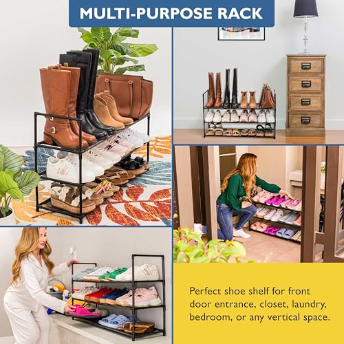 Sundaze Shoe Rack - 3 Tier Shoe Rack for Front Door Entrance, Sturdy Long Shoe Organizer for Closet, Bedroom, Entryway, Garage, Non Woven Fabric Shelf, Black, Holds Up to 15 Pairs - size: 3 Tier (34.3" W)