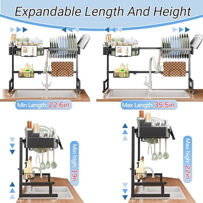 ADBIU Over The Sink Dish Drying Rack (Expandable Height and Length) Snap-On Design 2 Tier Large Dish Rack - color: Black, size: 22.6" - 35.5"(L) x 12"(W) x 19" - 22"(H)