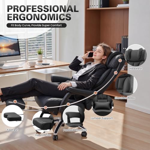 BestGlory Office Desk Chair, Big and Tall Leather Gaming Chair with Footrest, Ergonomic Comfy Executive High-Back Reclining Computer Chairs, Wide Swivel Rolling Wheels and Padded Lumbar Support, Black - color: Black 2.0, style: Freely Reclining