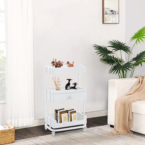 BarberPub 3-Tier Salon Trolley Cart with Drawer, Metal Frame White 2086 - color: White