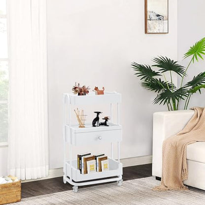 BarberPub 3-Tier Salon Trolley Cart with Drawer, Metal Frame White 2086 - color: White