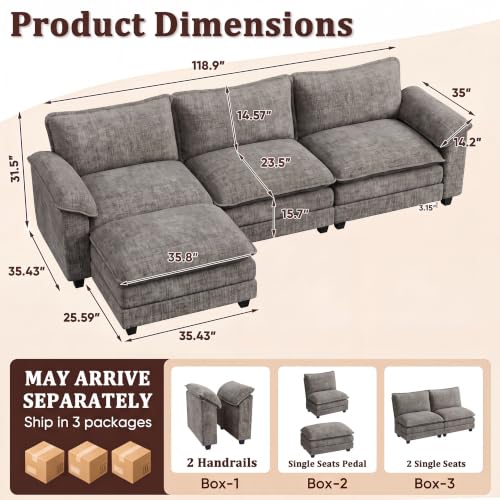 JUMMICO 118.9" L Shaped Sectional Couch, Modular Cloud Sofa, Light Grey | Comfy Chenille, Movable Ottoman, Deep Seat, Double Layer Cushion, 3 Seat, High-Density Foam, for Living Room - color: Light Grey, size: L Shaped Sofa