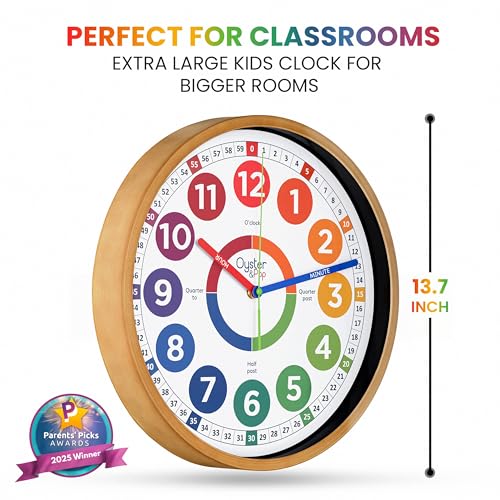 Oyster&Pop Large Kids Wall Clock - Silent 14" Analog Learning Clock | Fully labeled color-coded telling time teaching clock for classroom, bedroom, nursery and homeschool - toddlers to age 12 - color: Multicolor, size: 14 inch