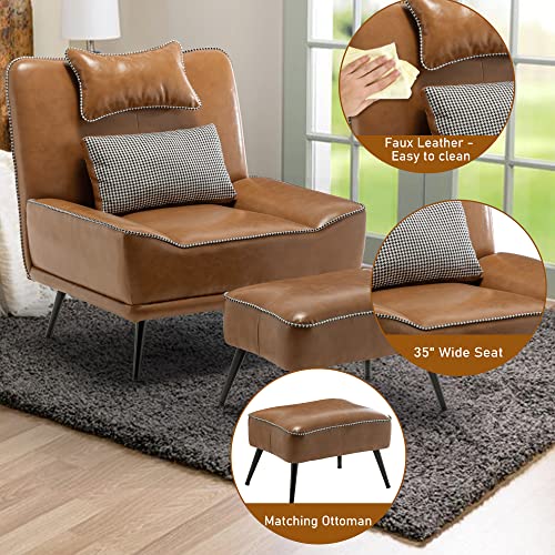 35" Accent Chair with Ottoman, Wide PU Leather Chair and Ottoman | Oversized Upholstered Armless Chair Mid Century Modern Side Chair with Ottoman For Living Room Bedroom Lounge Chair Brown - color: Brown