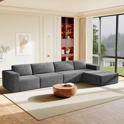 Vesgantti 159" Large Modular Sectional Sofa, L-Shaped Corduroy Cloud Couch with Deep Seats & Spring Support, 4-Seater Boneless Sofa with Movable Ottoman, No Assembly Needed, Grey - color: 159" - 4 Seater + Ottoman Grey